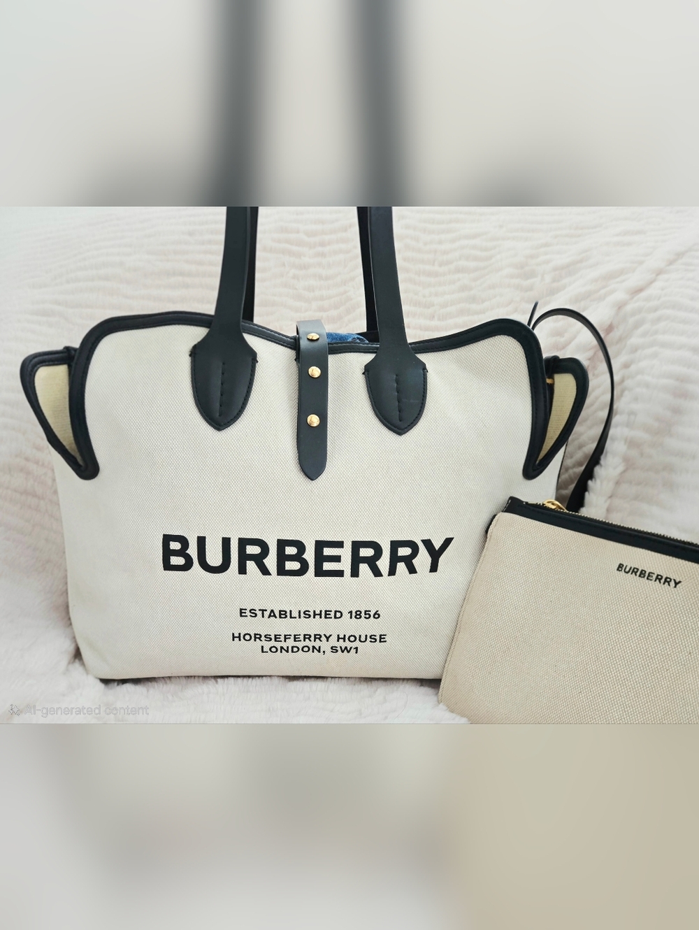 Authentic BURBERRY‎ Medium Natural Black CottonCanvas Belt Tote & Pouch Set